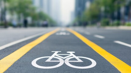 Obraz premium A blurred view of a bicycle lane on a city street, featuring a bike symbol on the pavement with yellow lines, surrounded by green trees and modern buildings in the background.