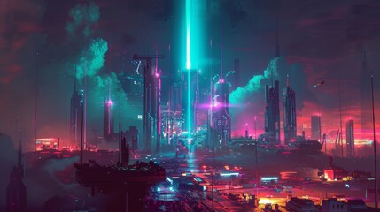 Cyberpunk Cityscape with Neon Lights and Flying Vehicles
