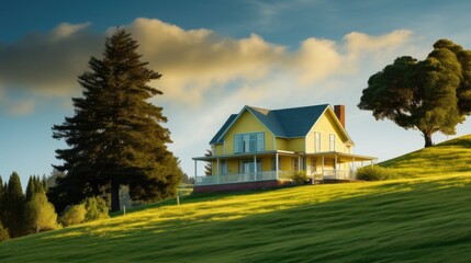 A charming yellow house sits brightly on a lush green hill under a partly cloudy sky, radiating warmth and cheerfulness in a serene countryside setting.