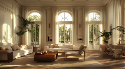 Elegant living room with natural light and greenery.
