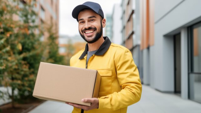 A friendly delivery man in yellow attire smiles warmly while holding a package, embodying service and reliability.