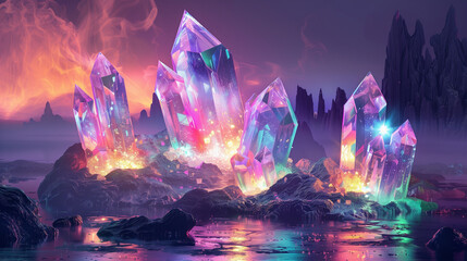 Floating island with glowing crystals, depicting a magical and fantastical landscape in a mystical realm