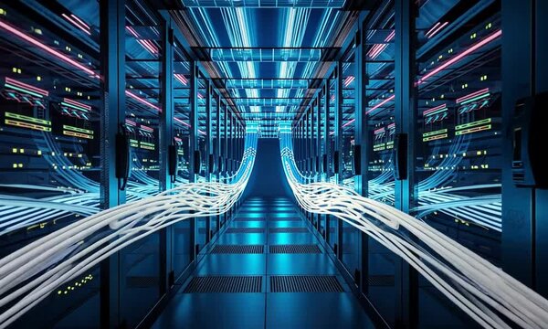 The network channels digital information through data servers housed in server rooms with glass panels in data centers or Internet service providers.