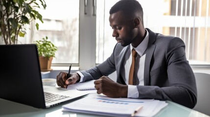 Obraz premium An accountant diligently working on finances, focusing on paperwork and calculations at a well-organized desk.