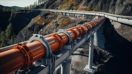 An elevated pipeline with bright orange safety railings meanders through a scenic, mountainous terrain, symbolizing connectivity and industrial prowess.