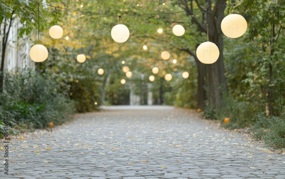 Poster cobblestone pathway at night with hanging lanterns in a serene and spooky atmosphere