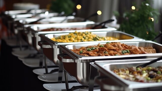 An enticing buffet display with chafing dishes filled with savory dishes, elegantly arranged on a table, ready to serve event attendees.