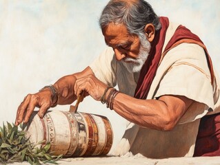 Fototapeta premium A skilled artisan working on a traditional barrel, showcasing craftsmanship and dedication in a historical setting.