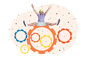 Artwork collage banner of crazy cool nice cheerful man hands up isolated on creative drawing...