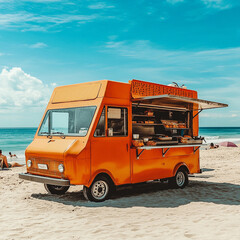 An eye-catching orange food truck is parked on the sandy beach, serving delicious meals to beachgoers, Retro food truck parked near the beach,