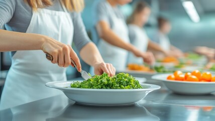 Naklejka premium A chef prepares a fresh salad in a commercial kitchen, emphasizing healthy cooking and vibrant ingredients.