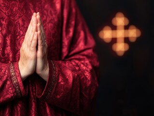A close-up of hands in a prayer position, adorned in a rich red garment, against a softly illuminated background.