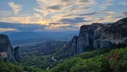 meteora churches in kalampaka city greece sunset time
