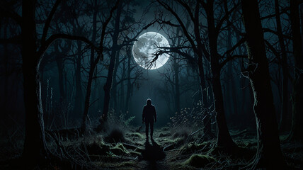Mystical Night in a Dark Forest with Moonlight