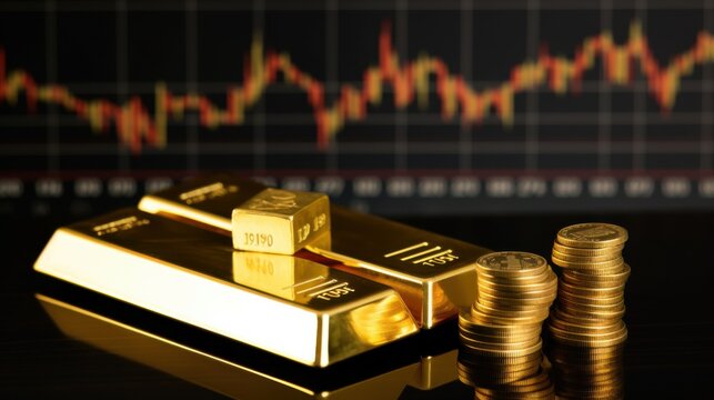 Gold bars and coins laid against a backdrop of a fluctuating stock market graph, highlighting wealth, investment, and economic trends.