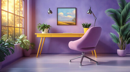 Purple Walls, Yellow Desk, and a Pink Chair: A Minimalist Home Office Design