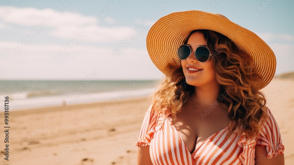 Sticker a plus-size woman in a striped dress and wide-brimmed hat, smiling confidently on a sunny beach, emb