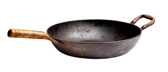 An antique frying pan with a wooden handle, perfect for rustic cooking and vintage kitchen aesthetics.