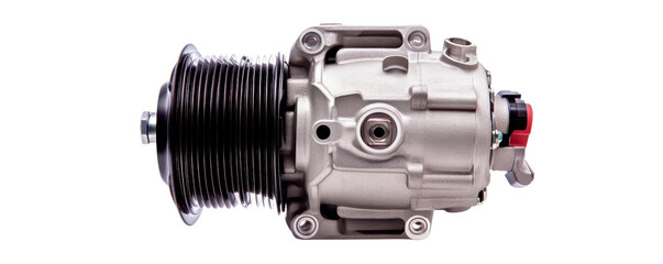 Close-up of a silver automotive supercharger showcasing intricate design and engineering for enhanced vehicle performance.