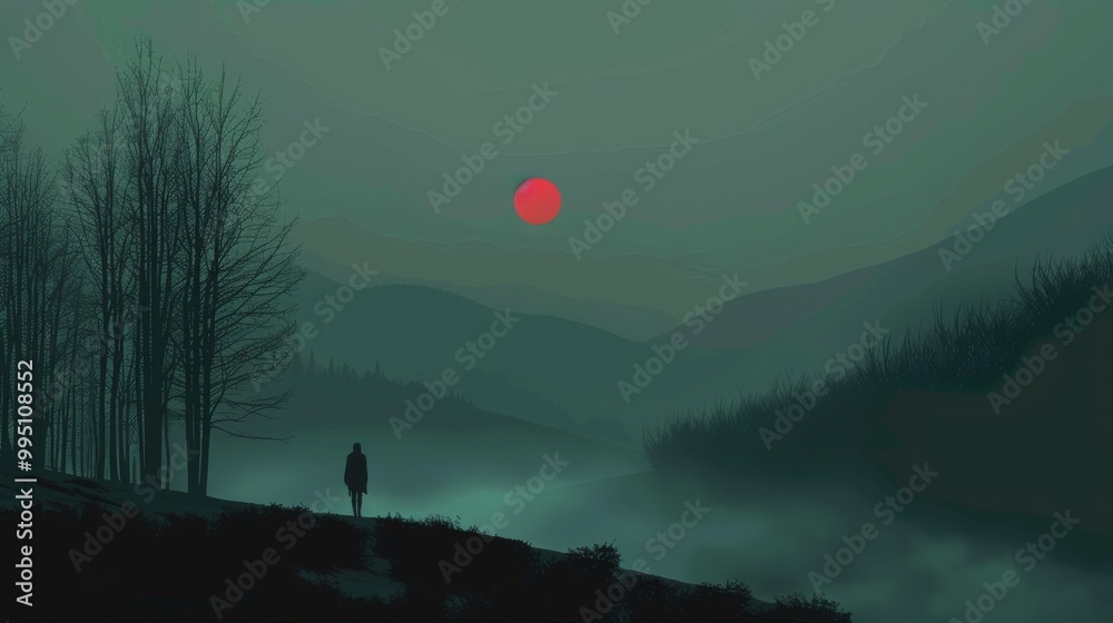 Canvas Prints A person is standing in the woods at night, looking at the red sun