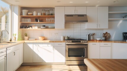 Fototapeta premium A sunlit kitchen with modern appliances, white cabinets, wooden countertops, and open shelves, presenting a cozy and inviting atmosphere.