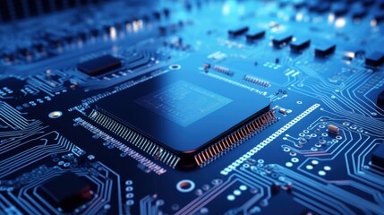 Close-up of a high-tech circuit board featuring intricate circuits and components, symbolizing advancements in technology and modern electronic manufacturing.