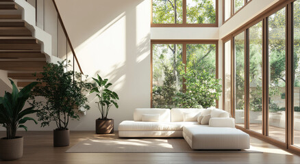 Fototapeta premium A spacious living room with high ceilings, featuring white walls and wooden floors. The windows frame the view of an outdoor garden or beach area outside.