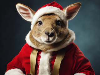 Fototapeta premium animal mammal kangaroo in red santa claus costume for christmas new year holidays