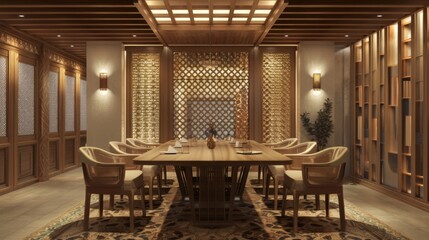 Fototapeta premium Elegant Dining Room with Intricate Woodwork and Warm Lighting