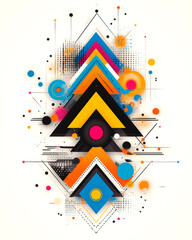 Obraz premium A colorful abstract design with triangles and circles. The design is made up of different shapes and colors, and it has a sense of movement and energy. Scene is vibrant and dynamic