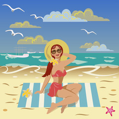 girl on the beach in a hat in a coral swimsuit