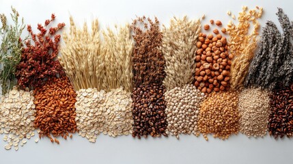 A colorful arrangement of various grains, seeds, and dried plants.