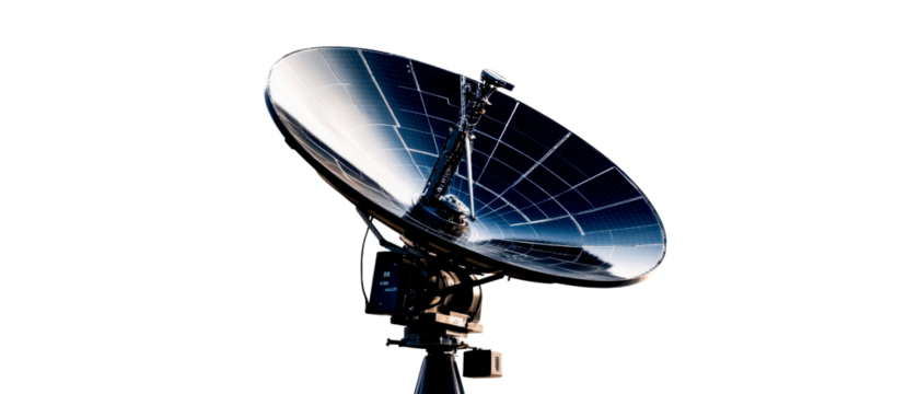 High-tech satellite dish for communication and data transmission, capturing signals with advanced technology and solar integration.