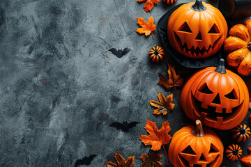 Spooky Halloween frame with colorful leaves, Jack o Lantern pumpkins, spider, bat, Thanksgiving, harvest day background with autumn accessories. Mockup with copy space for halloween style product AI