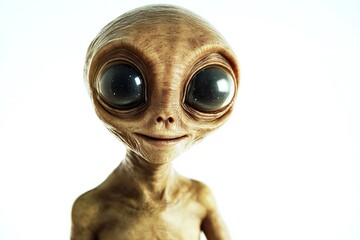 A smiling alien stands alone against a white background. Generative Ai