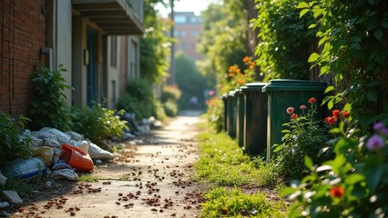 Fototapeta premium Urban Alley With Trash Bins and Overgrown Vegetation