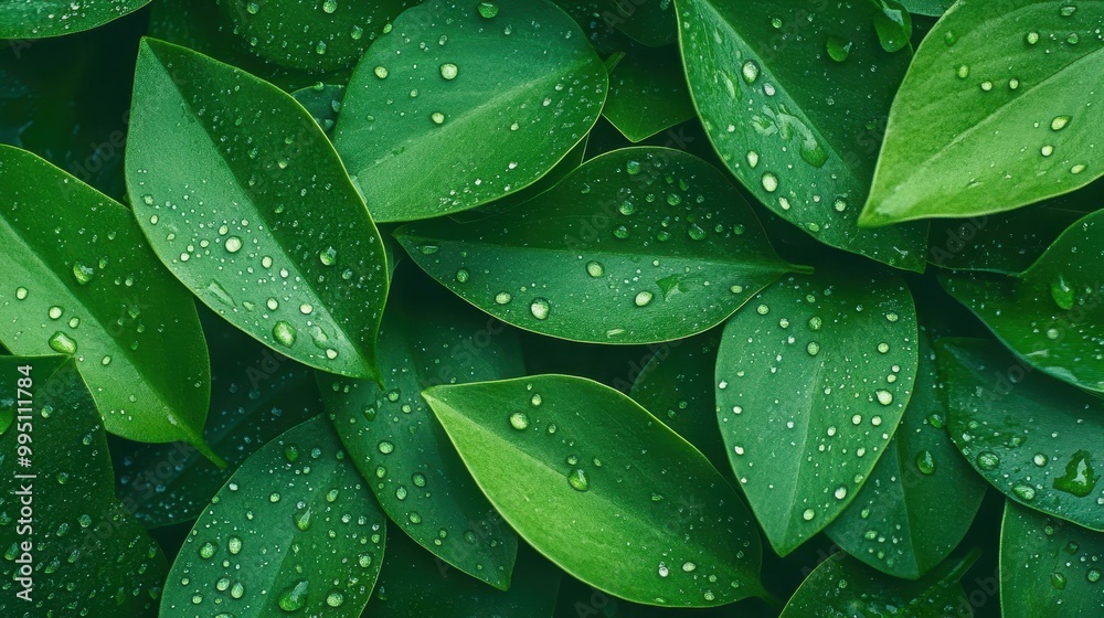 Canvas Prints Discover the beauty of green leaves adorned with dew drops, perfect for nature themes and botanical art designs.