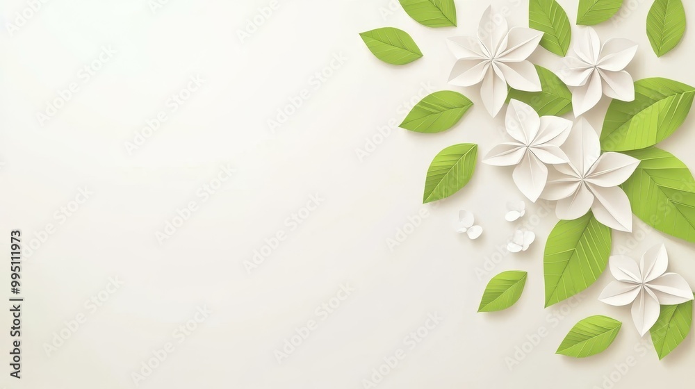 Sticker Discover the beauty of origami jasmine flowers and green leaves, perfect for spring decor and minimalist art designs.