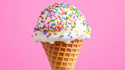 Indulge in a delightful closeup of vanilla ice cream topped with colorful sprinkles, perfect for summer celebration vibes