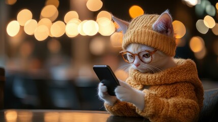 A playful kitten dressed like a human, intently checking her phone while surrounded by work essentials.