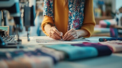 Obraz premium A woman is writing on a piece of paper in a sewing room