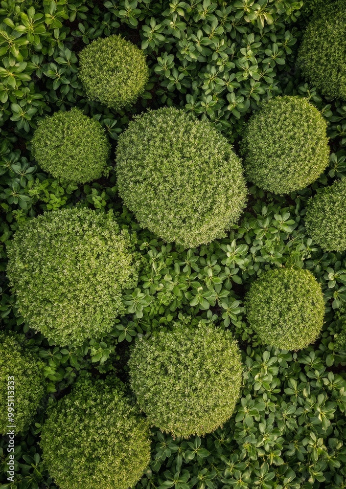 Leinwandbilder Aerial View of Symmetrical Green Forest Patterns with Circular Frames in Soft Diffused Light