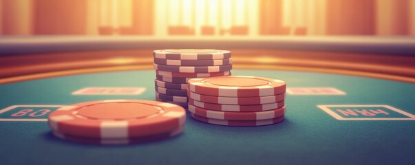 Close-up of stacked poker chips on a casino table, capturing the essence of gaming excitement and strategy.