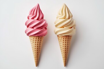 Soft serve ice cream Two flavor twists on a single cone, separated against a white backdrop. Generative Ai
