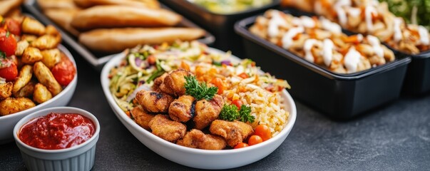 Delicious assortment of savory dishes served on a table, featuring flavorful rice, crispy rolls, and vibrant vegetables.