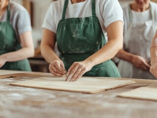 Obraz premium Hands preparing dough on a wooden table, showcasing culinary skill and passion for baking in a cozy kitchen environment.