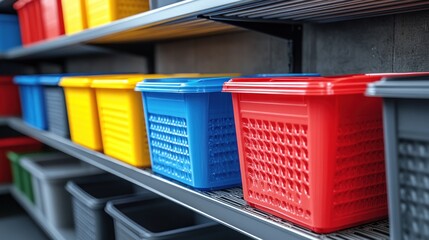Colorful storage bins arranged on a shelf for organization.