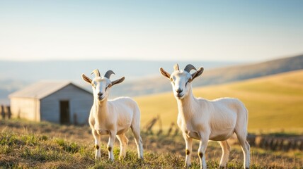 Obraz premium Two charming goats pose in a serene countryside setting, bathed in warm sunlight, with a rustic barn in the background.