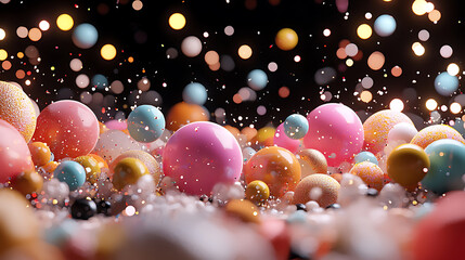 Colorful spheres and particles create vibrant, abstract scene filled with energy and movement, evoking sense of joy and creativity. 