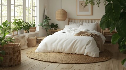 Cozy bedroom with plants and natural decor.